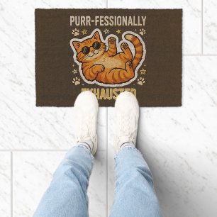 Purr-fessionally Exhausted Funny Lazy Cat T-Shirt Fiber Doormat