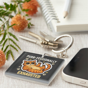 Purr-fessionally Exhausted Funny Lazy Cat T-Shirt Keychain
