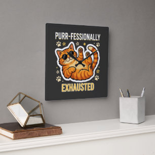 Purr-fessionally Exhausted Funny Lazy Cat T-Shirt Square Wall Clock