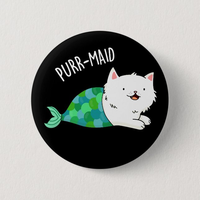 Purr-maid Funny Kitty Cat Mermaid Pun Dark BG Button (Front)