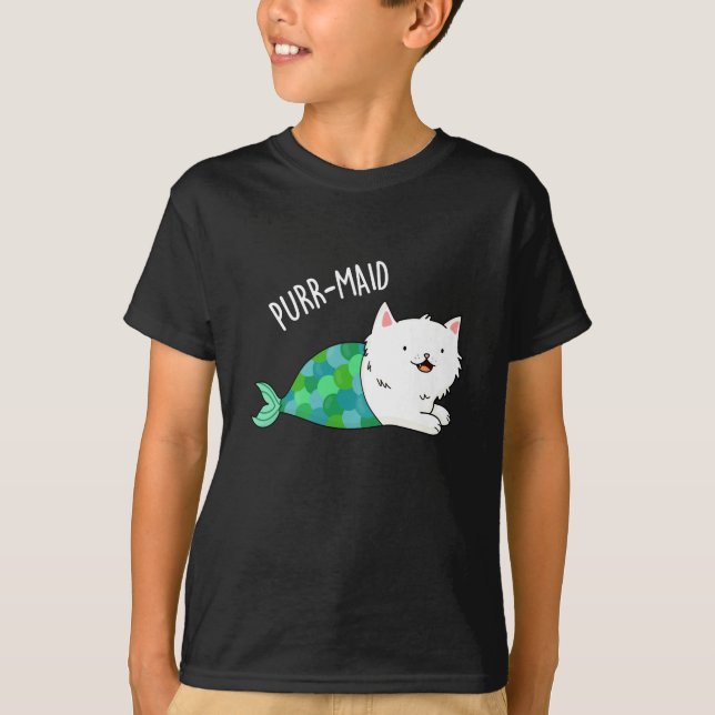 Purr-maid Funny Kitty Cat Mermaid Pun Dark BG T-Shirt (Front)