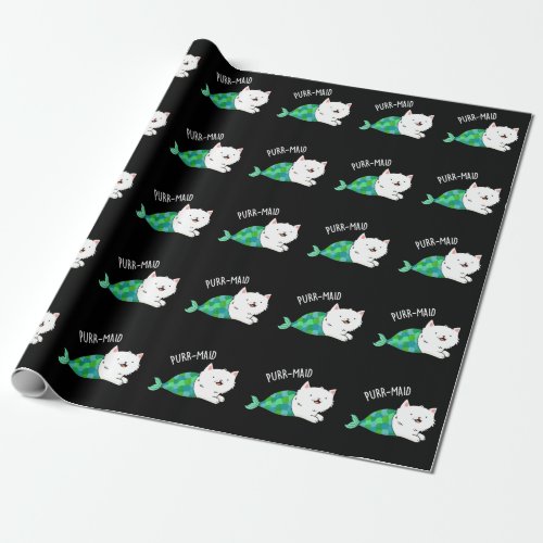 Purr_maid Funny Kitty Cat Mermaid Pun Dark BG Wrapping Paper