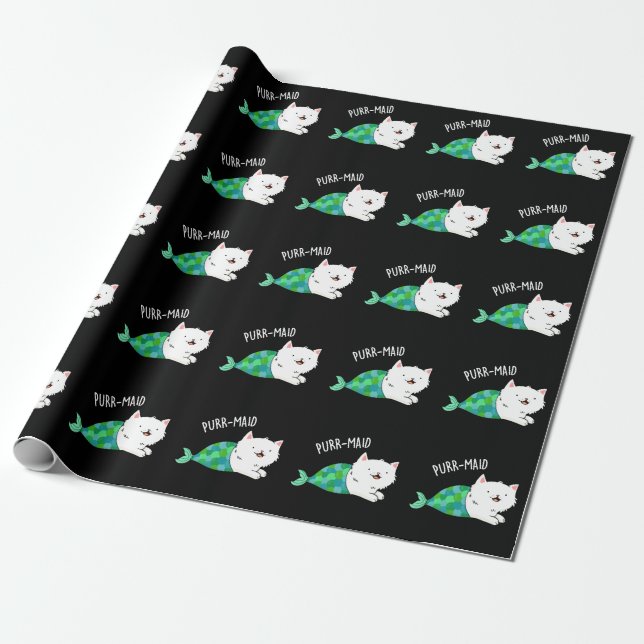 Purr-maid Funny Kitty Cat Mermaid Pun Dark BG Wrapping Paper (Unrolled)