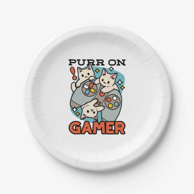 Purr On Gamer - Cute Cat Gaming Design Paper Plates (Front)