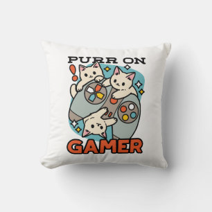 Purr On Gamer - Cute Cat Gaming Design Throw Pillow