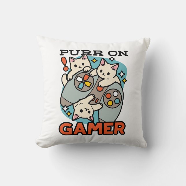 Purr On Gamer - Cute Cat Gaming Design Throw Pillow (Front)