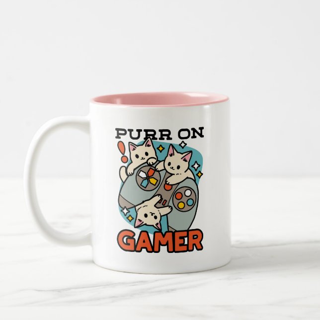 Purr On Gamer - Cute Cat Gaming Design Two-Tone Coffee Mug (Left)