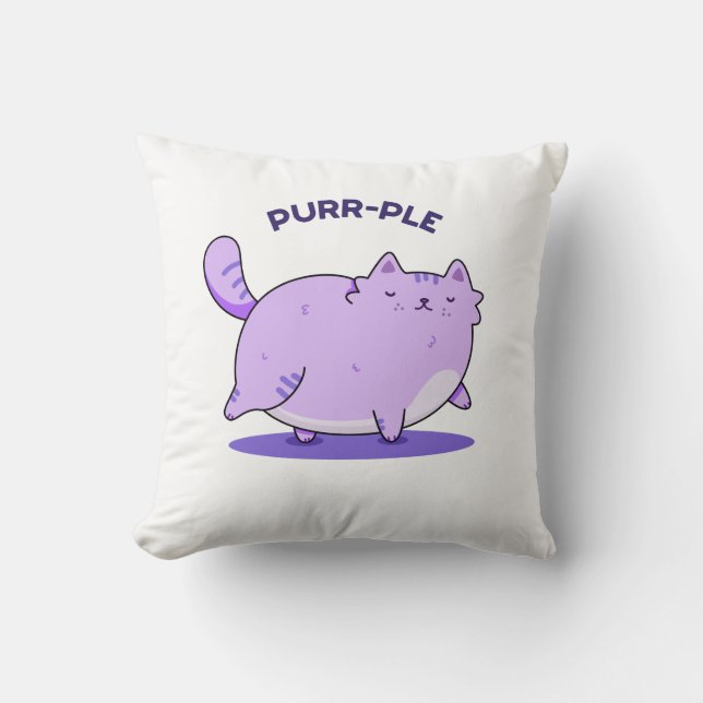 Purr-ple Funny Fat Kitty Cat Pun  Throw Pillow (Front)