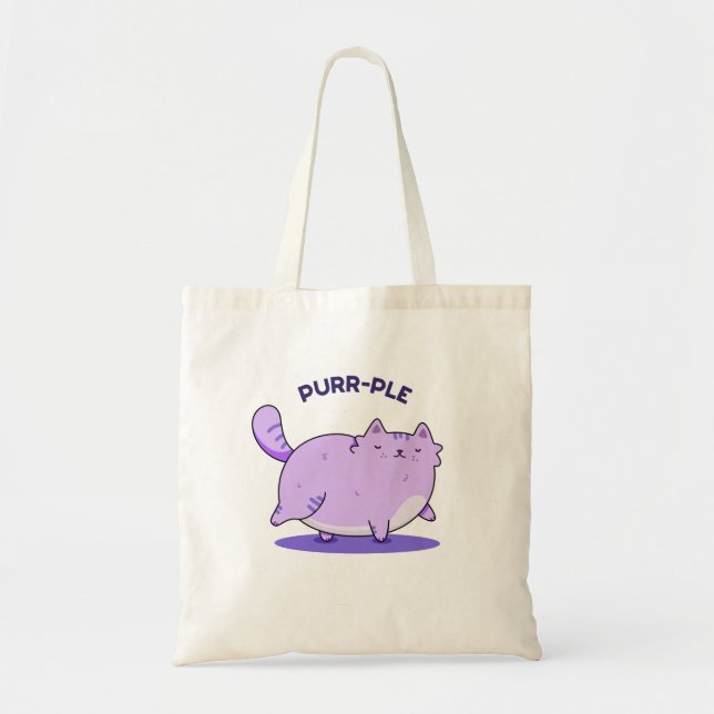 Purr-ple Funny Fat Kitty Cat Pun Tote Bag (Front)