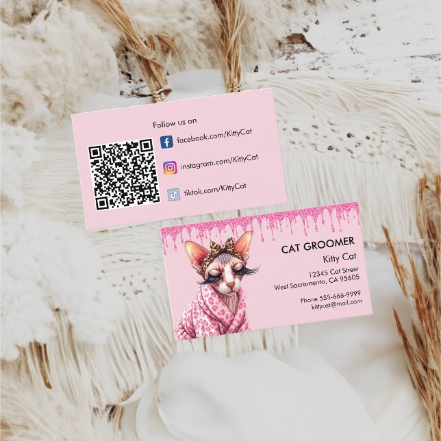 Purr-Sphynx Cat Groomer Sitter Pink Glitter Business Card (Creator Uploaded)