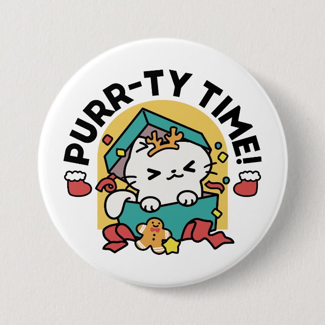 Purr-ty Time! - Festive Cat Christmas Design Button (Front)