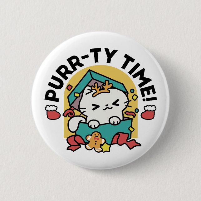 Purr-ty Time! - Festive Cat Christmas Design Button (Front)