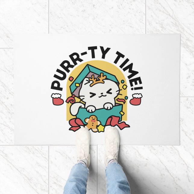 Purr-ty Time! - Festive Cat Christmas Design Doormat (Indoor)