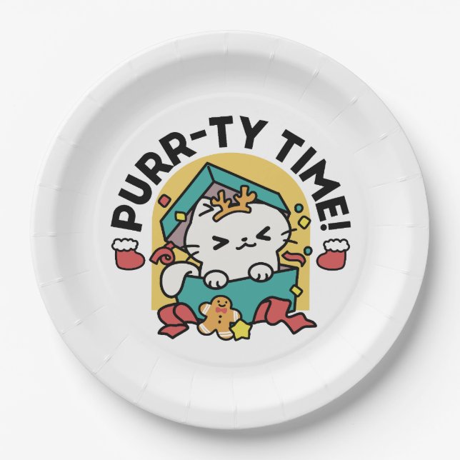 Purr-ty Time! - Festive Cat Christmas Design Paper Plates (Front)