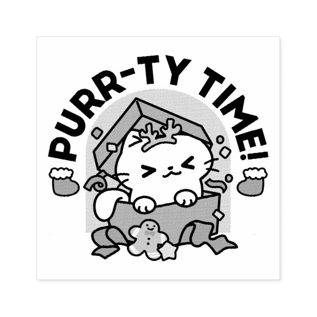 Purr-ty Time! - Festive Cat Christmas Design Rubber Stamp (Imprint)