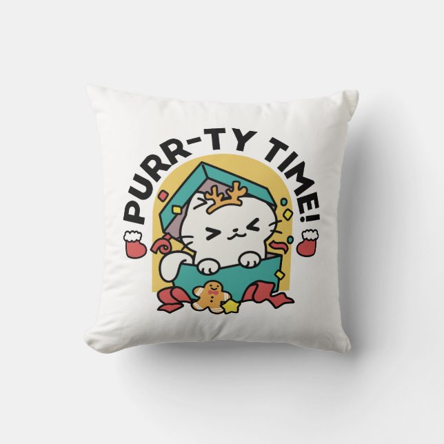 Purr-ty Time! - Festive Cat Christmas Design Throw Pillow (Front)