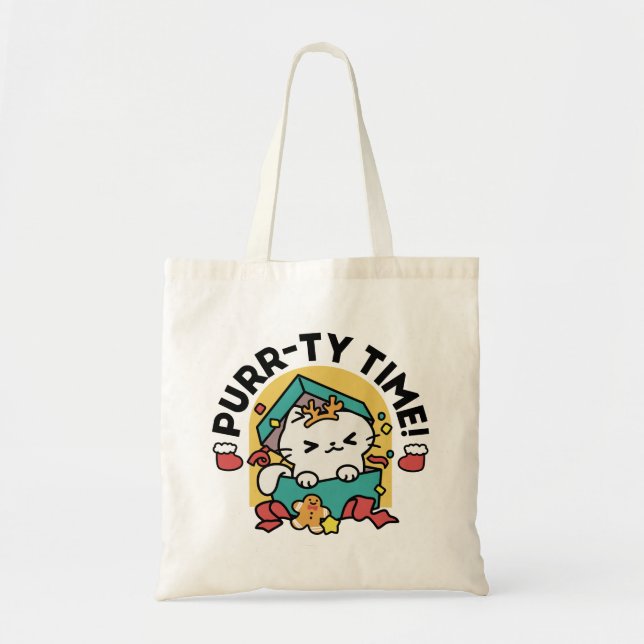 Purr-ty Time! - Festive Cat Christmas Design Tote Bag (Front)