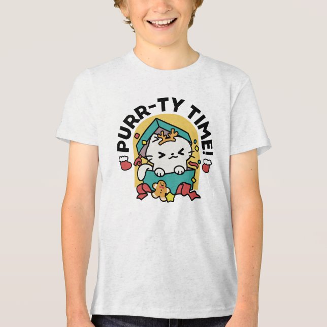 Purr-ty Time! - Festive Cat Christmas Design Tri-Blend Shirt (Front)