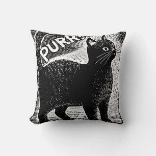 PURR! Vintage Black Cat Woodcut Style Throw Pillow