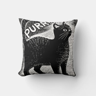 PURR! Vintage Black Cat Woodcut Style Throw Pillow