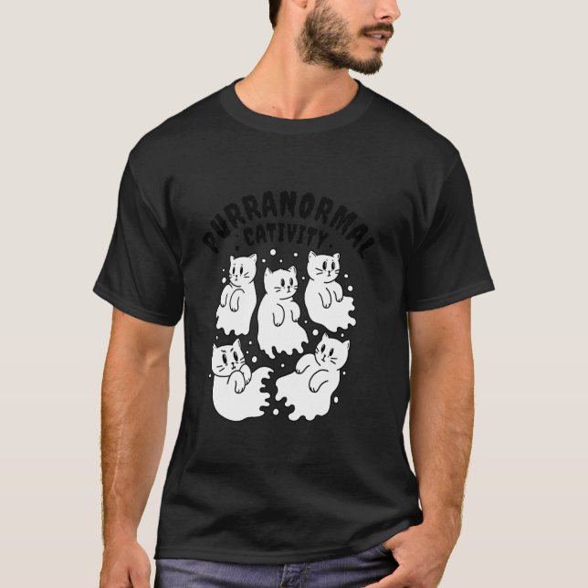 Purranormal Cativity Cute Cat Ghosts Cartoon Pun H T-Shirt (Front)