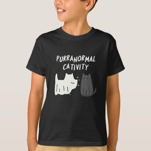 Purranormal Cativity Halloween Cat Pun Dark BG T_Shirt
