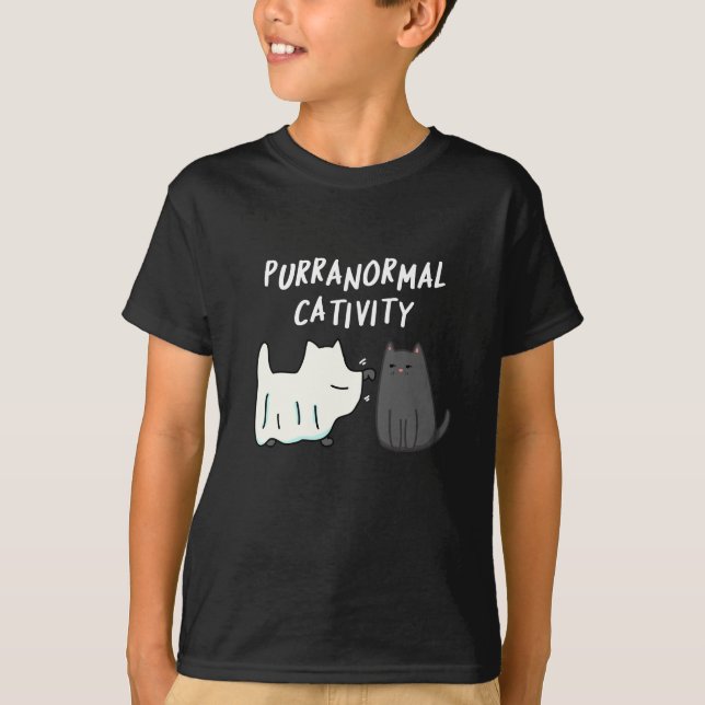 Purranormal Cativity Halloween Cat Pun Dark BG T-Shirt (Front)