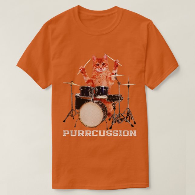 Purrcussion  Funny Cat Drummer On Drum Set Percuss T-Shirt (Design Front)