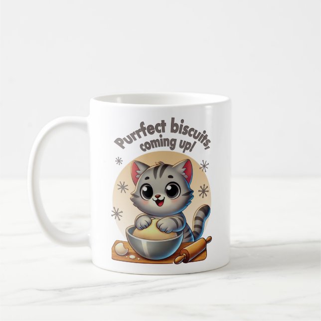 "Purrfect biscuits, coming up" Kneading Cat Coffee Mug (Left)