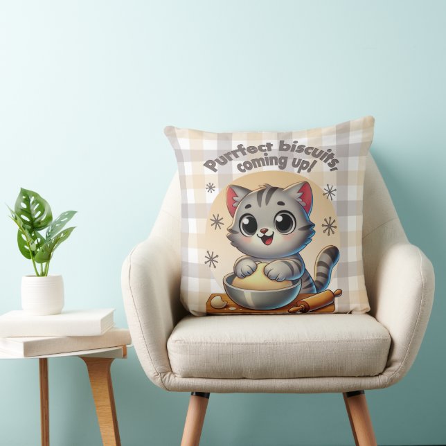 "Purrfect biscuits, coming up" Kneading Cat Throw Pillow (Chair)