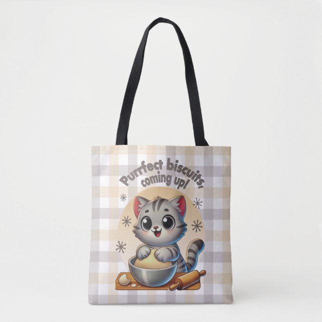 "Purrfect biscuits, coming up" Kneading Cat Tote Bag (Front)