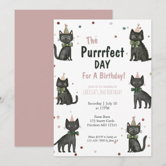 Purrfect Black Cat Kids Second Birthday Invitation