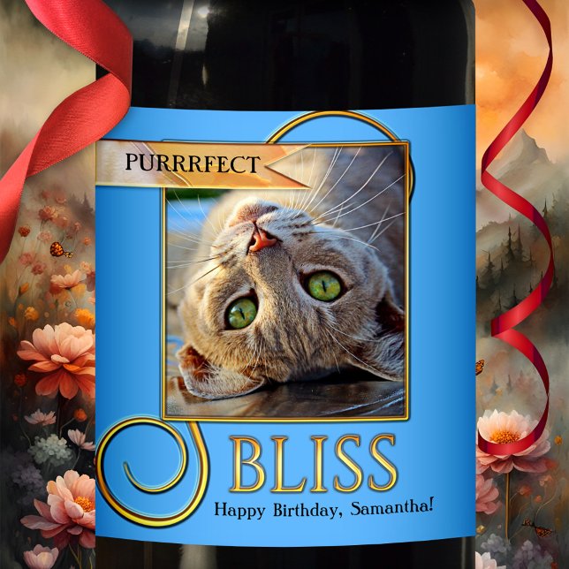 Purrfect Bliss Funny Cat Photo Wine Label (A pretty funny cat wine label featuring your own photo framed by bright blue and gold design)