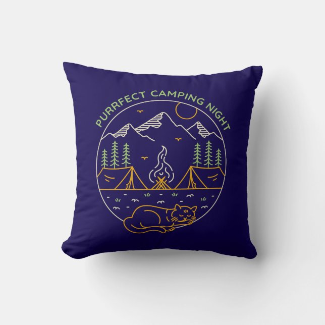 Purrfect Camping Night Throw Pillow (Front)