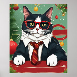Purrfect Cat in Suit Funny Digital Art, Christmas Poster