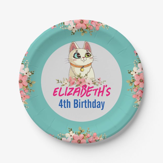 Purrfect Cat Kitten Kid Birthday Celebration Paper Plates (Front)