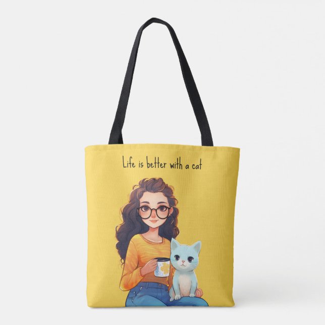 Purrfect Cat Lover Mom Cute Yellow Tote Bag (Back)