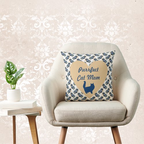 Purrfect Cat Mom Blue and Gold Heart and Floral  Throw Pillow