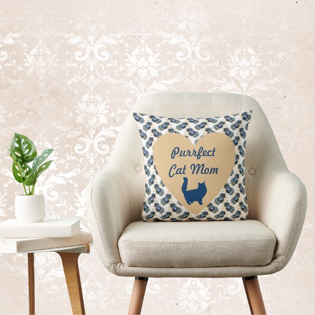 Purrfect Cat Mom Blue and Gold Heart and Floral  Throw Pillow (Creator Uploaded)