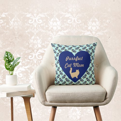 Purrfect Cat Mom Blue and Gold Heart Floral Blue Throw Pillow