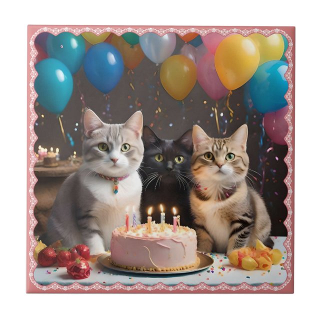 Purrfect Celebration: A Cat's Birthday Party, Ceramic Tile (Front)