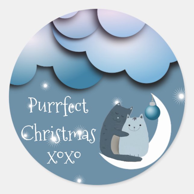 Purrfect Christmas Cats on Moon Classic Round Sticker (Front)