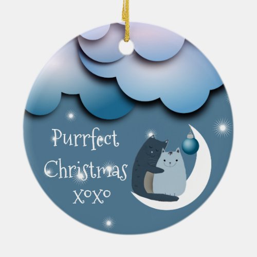 Purrfect Christmas Cats on the Moon Custom Ceramic Ornament