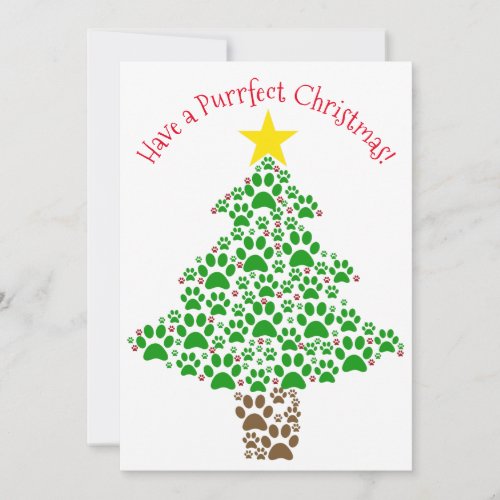 Purrfect Christmas Cute Cat Paw Print Tree Photo Holiday Card