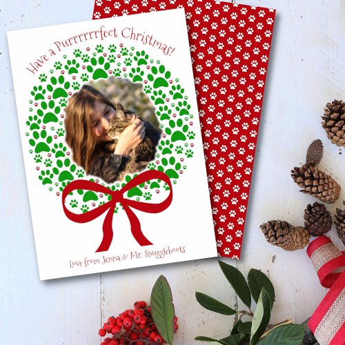 Purrfect Christmas Fun Paw Print Wreath Photo Holiday Card