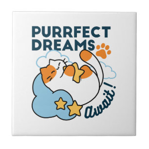 Purrfect Dreams Await – Cute Sleeping Cat Dreamy Ceramic Tile