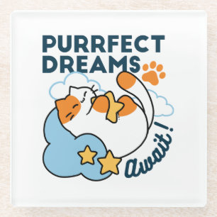 Purrfect Dreams Await – Cute Sleeping Cat Dreamy Glass Coaster