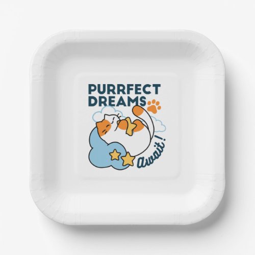 Purrfect Dreams Await – Cute Sleeping Cat Dreamy Paper Plates