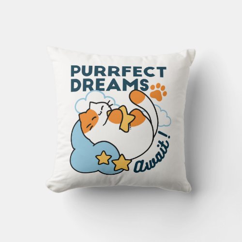 Purrfect Dreams Await – Cute Sleeping Cat Dreamy Throw Pillow