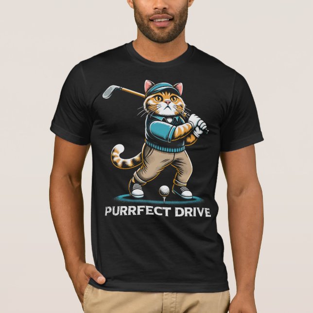 Purrfect Drive Golfing Cat Design T-Shirt (Front)